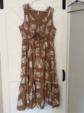 American Eagle XXL Floral Smocked Maxi Dress Brown Boho Sleeveless Cutout